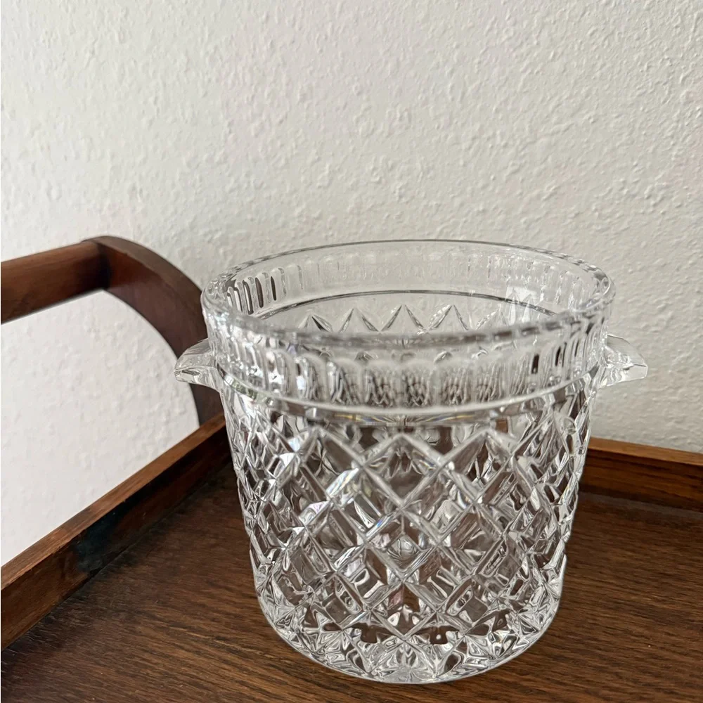Vintage Crystal Glass Ice Bucket Barware Handles Diamond Waffle Pattern 5